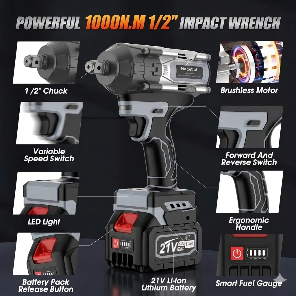 🔥2026 Flash Sale⏰️1000N.m Cordless Impact Wrench, All-Metal Cordless Impact Gun with 2*4.0Mah