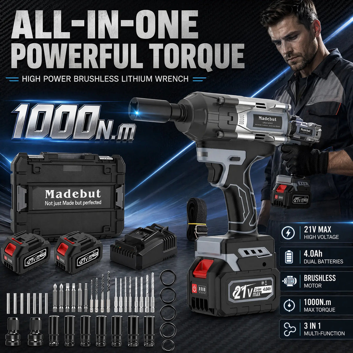 🔥2026 Flash Sale⏰️1000N.m Cordless Impact Wrench, All-Metal Cordless Impact Gun with 2*4.0Mah