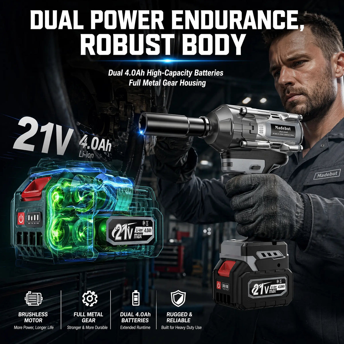 🔥2026 Flash Sale⏰️1000N.m Cordless Impact Wrench, All-Metal Cordless Impact Gun with 2*4.0Mah