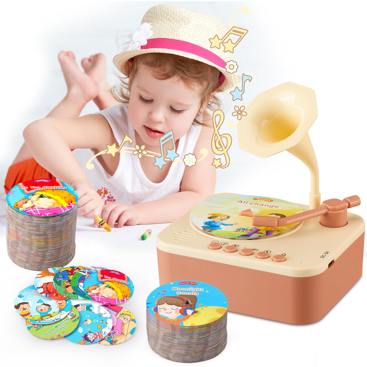 Music Toy for Toddlers—99 Cards Featuring Story and Song “Gramophone” Records