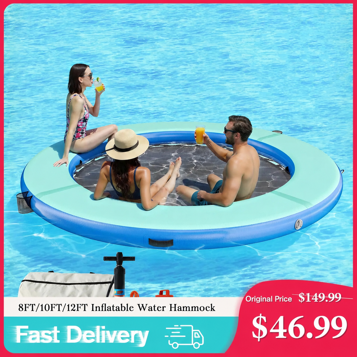 Hexagon/Circle/Triangle Inflatable Water Hammock for Adults, Floating Raft Dock Platform with Mesh