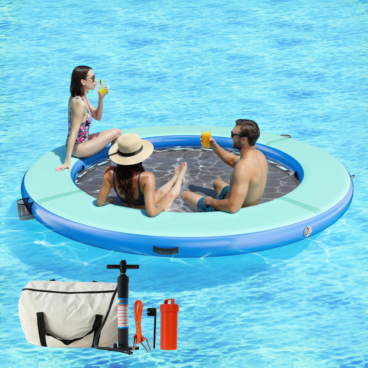 Hexagon/Circle/Triangle Inflatable Water Hammock for Adults, Floating Raft Dock Platform with Mesh