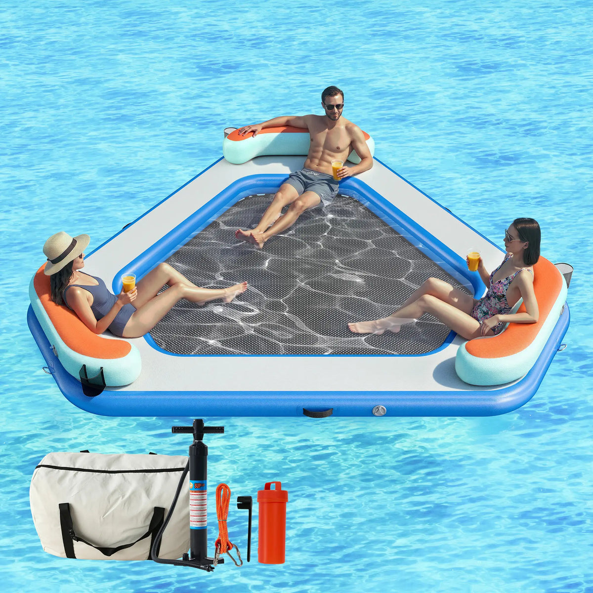 Hexagon/Circle/Triangle Inflatable Water Hammock for Adults, Floating Raft Dock Platform with Mesh