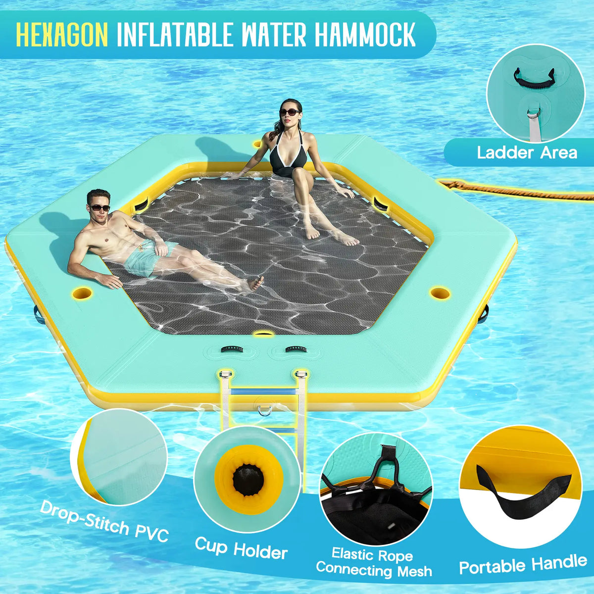 Hexagon/Circle/Triangle Inflatable Water Hammock for Adults, Floating Raft Dock Platform with Mesh