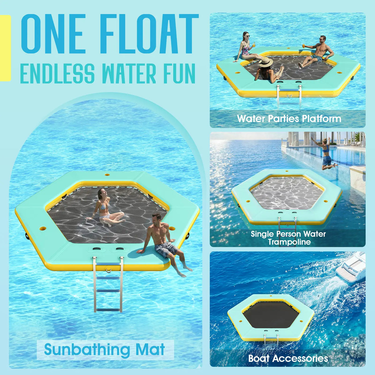 Hexagon/Circle/Triangle Inflatable Water Hammock for Adults, Floating Raft Dock Platform with Mesh