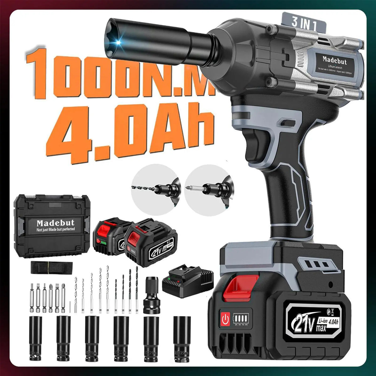 🔥2026 Flash Sale⏰️1000N.m Cordless Impact Wrench, All-Metal Cordless Impact Gun with 2*4.0Mah