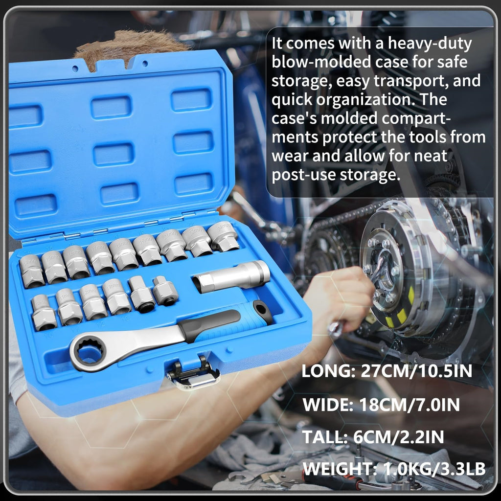 17-Piece Pass Through Socket Set,Hollow Ratchet Socket Kit for Automotive Repair & Machine Maintenance