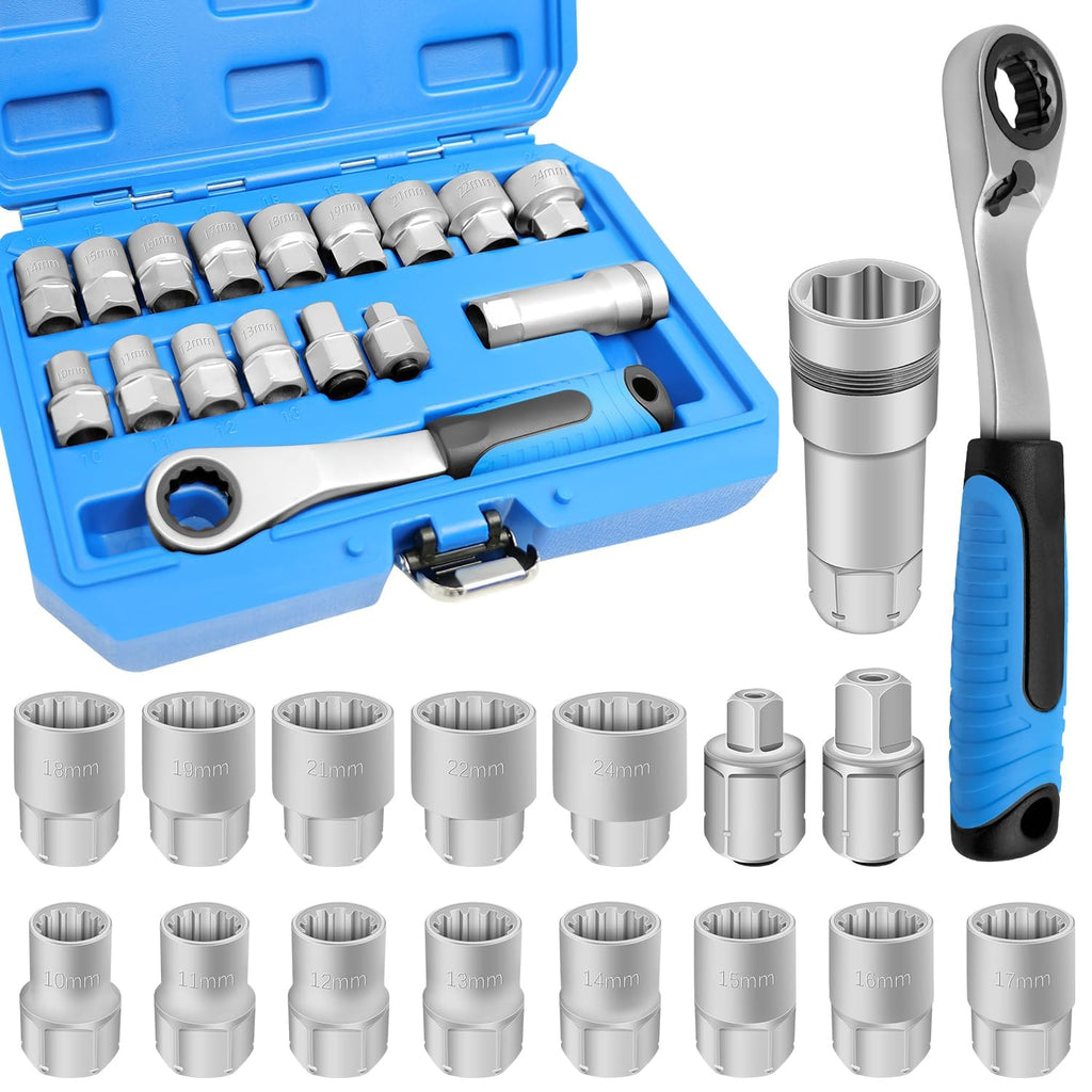 17-Piece Pass Through Socket Set,Hollow Ratchet Socket Kit for Automotive Repair & Machine Maintenance