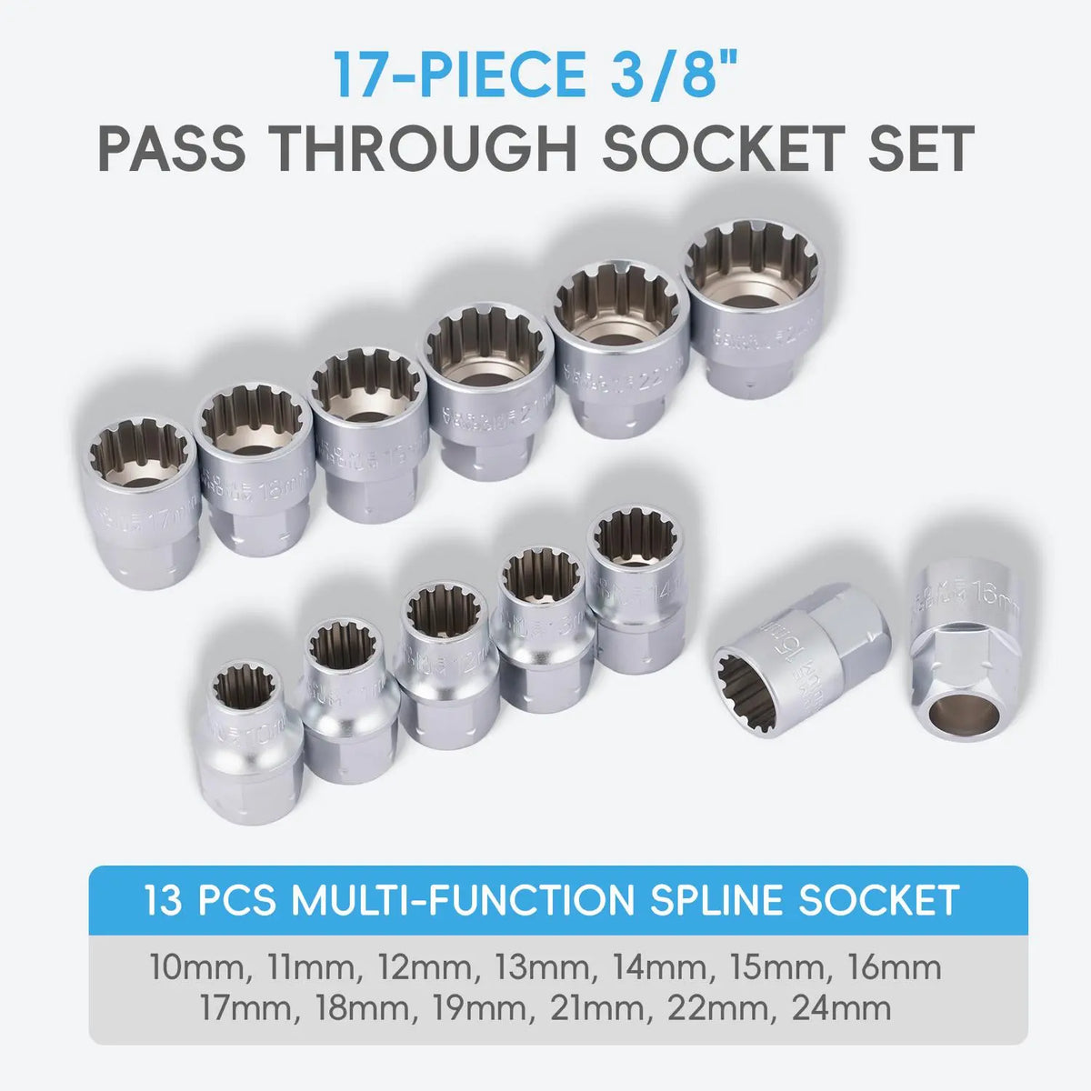 17-Piece Pass Through Socket Set,Hollow Ratchet Socket Kit for Automotive Repair & Machine Maintenance