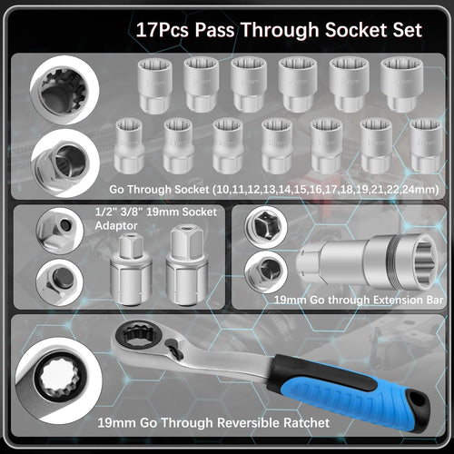 17-Piece Pass Through Socket Set,Hollow Ratchet Socket Kit for Automotive Repair & Machine Maintenance