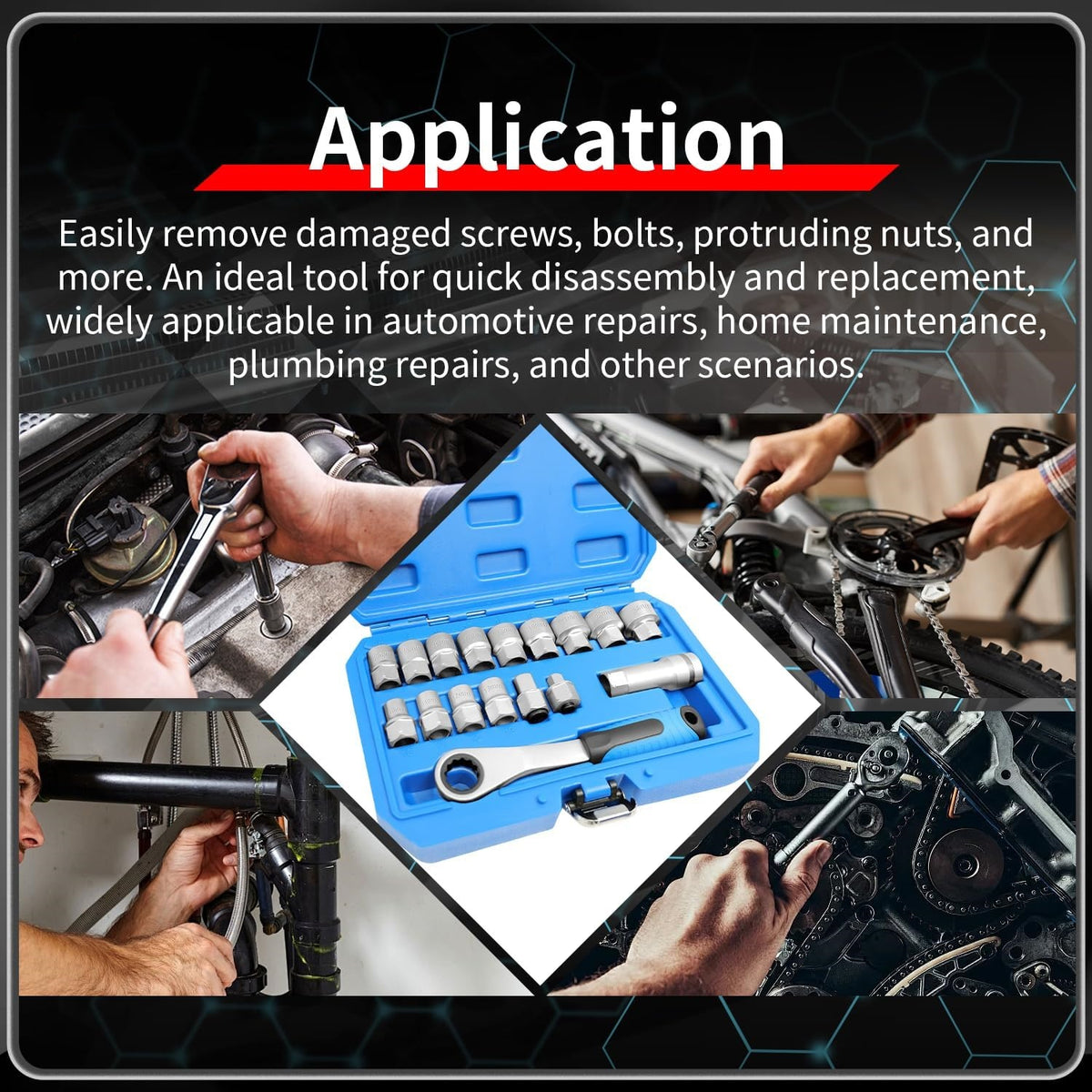 17-Piece Pass Through Socket Set,Hollow Ratchet Socket Kit for Automotive Repair & Machine Maintenance