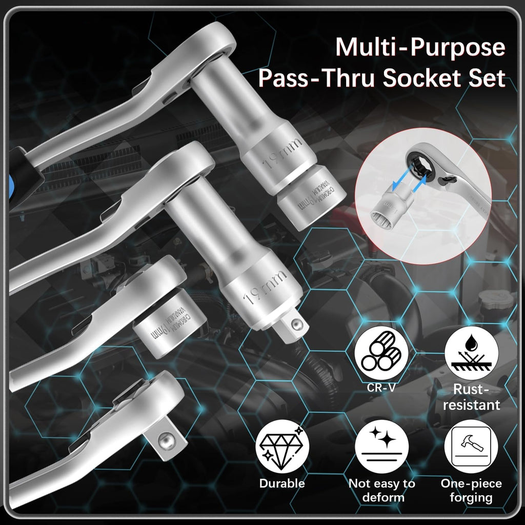 17-Piece Pass Through Socket Set,Hollow Ratchet Socket Kit for Automotive Repair & Machine Maintenance