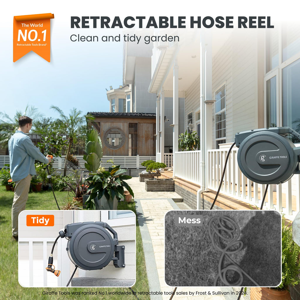 Retractable Garden Hose Reel, Wall-Mounted with 180-Degree Swivel Bracket
