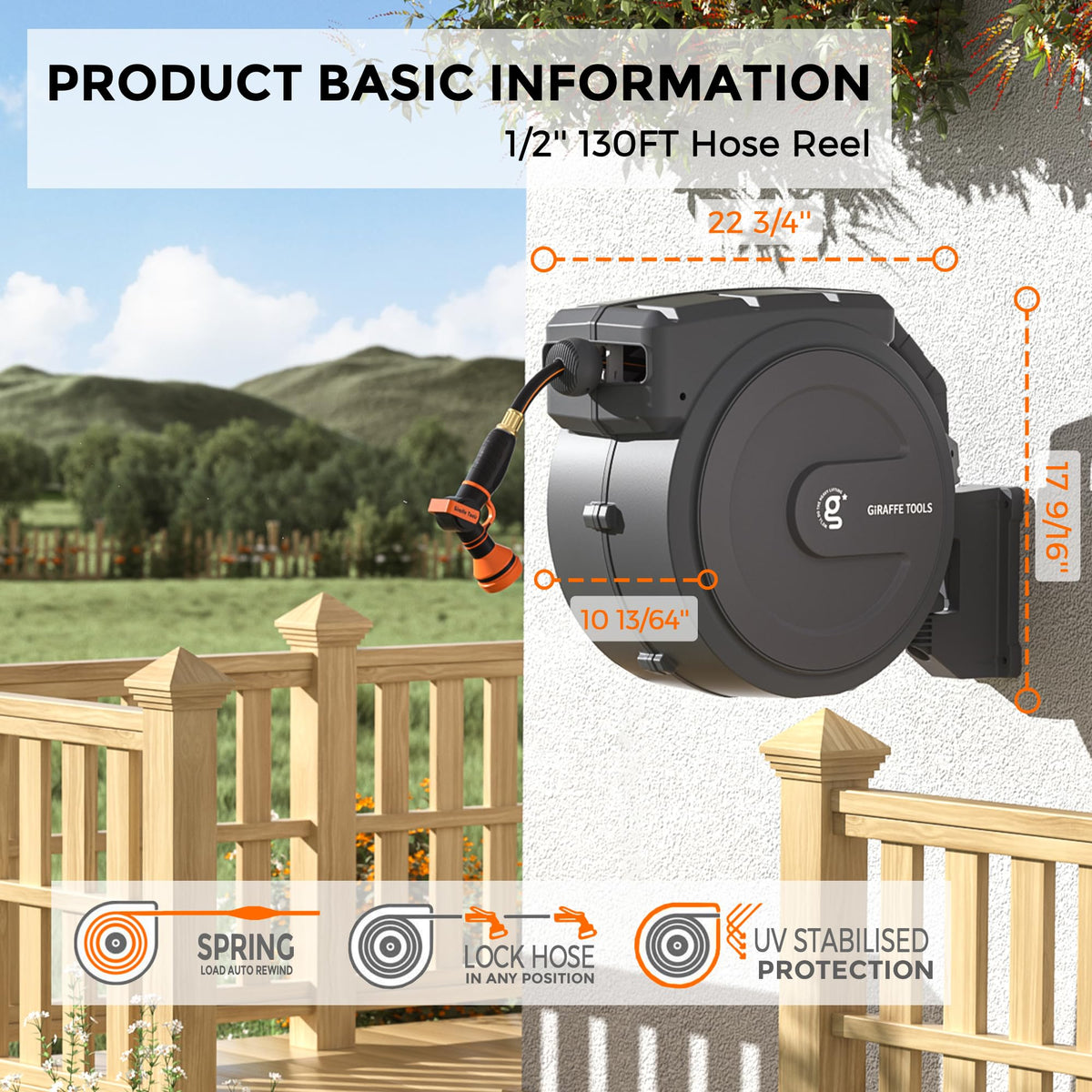 Retractable Garden Hose Reel, Wall-Mounted with 180-Degree Swivel Bracket