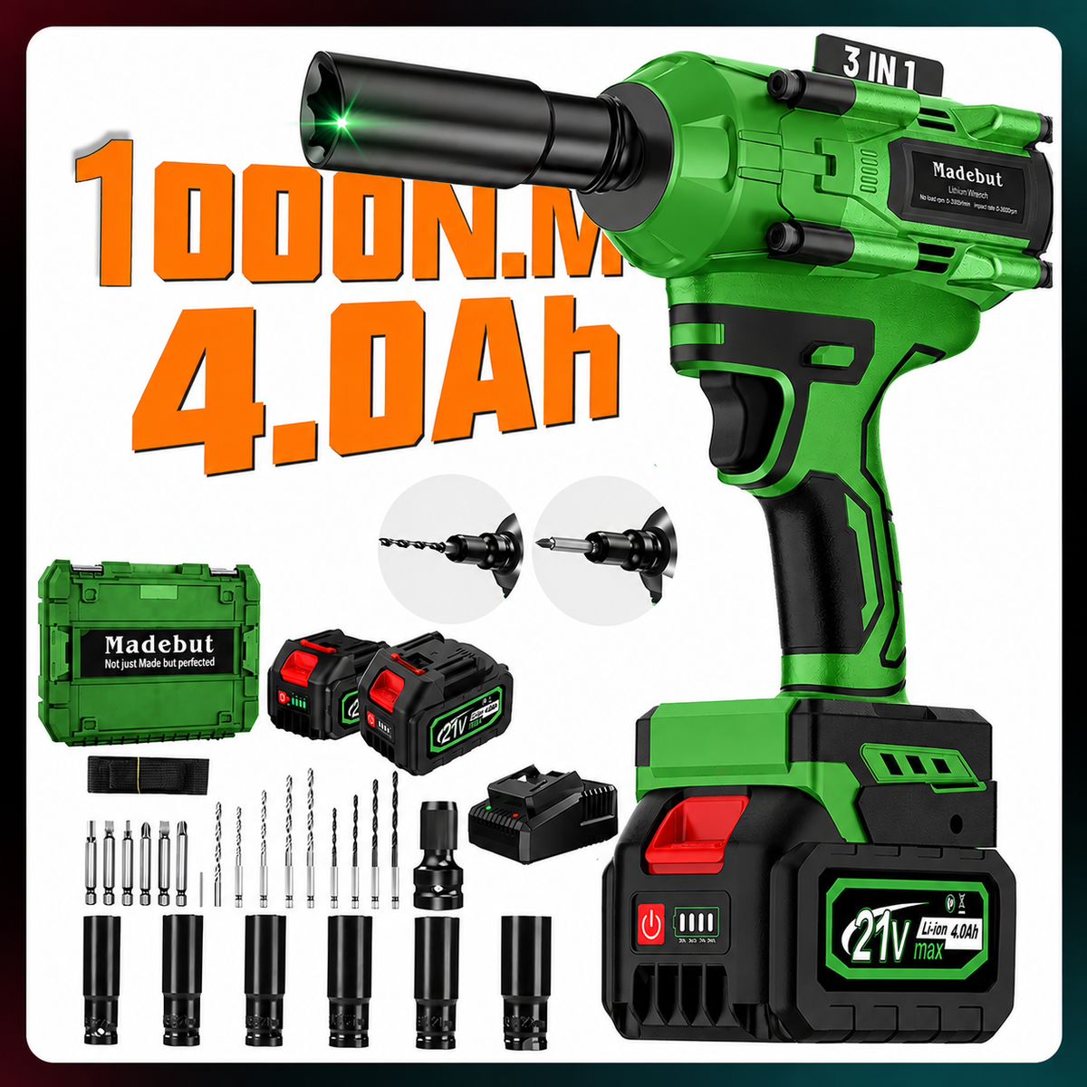 🔥2026 Flash Sale⏰️1000N.m Cordless Impact Wrench, All-Metal Cordless Impact Gun with 2*4.0Mah