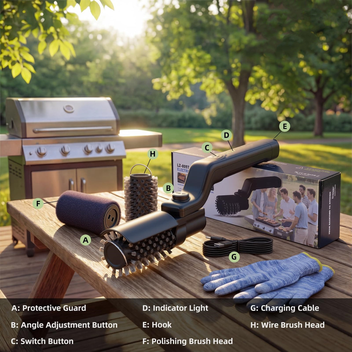 2026 Outdoor Electric Cordless Rotating BBQ Cleaner, Featuring 2 Brush Heads, 3 Speed Settings, and Adjustable Angle
