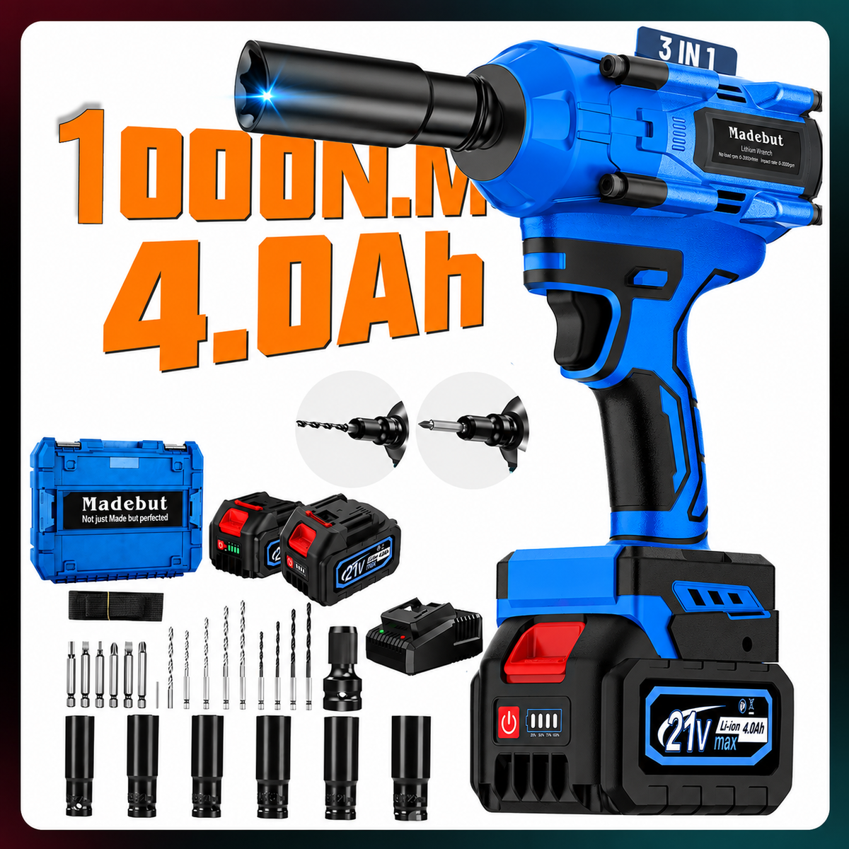 🔥2026 Flash Sale⏰️1000N.m Cordless Impact Wrench, All-Metal Cordless Impact Gun with 2*4.0Mah
