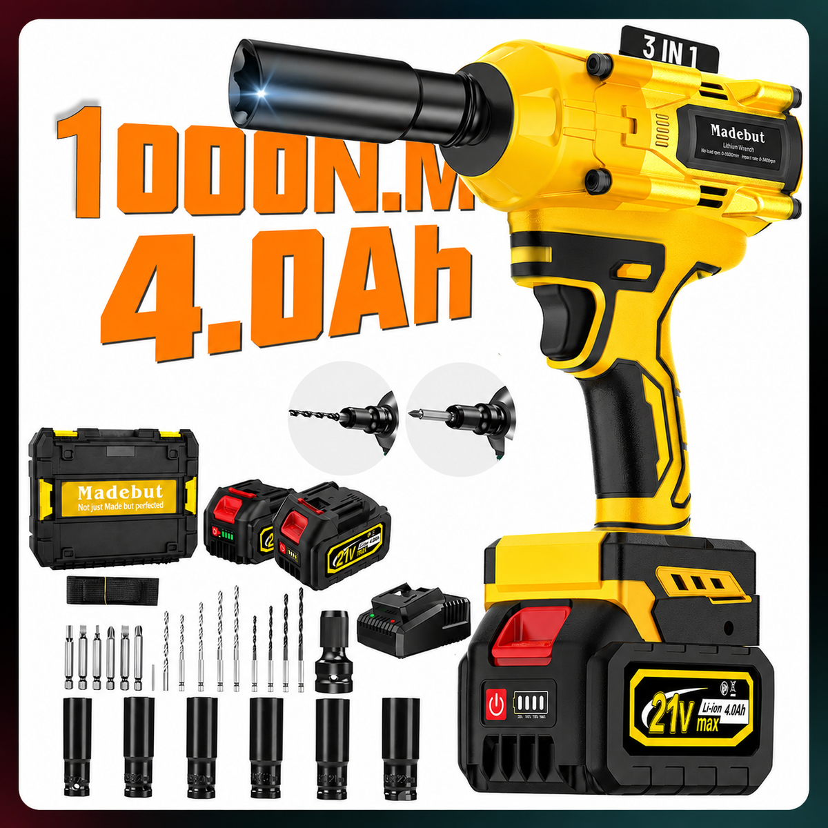 🔥2026 Flash Sale⏰️1000N.m Cordless Impact Wrench, All-Metal Cordless Impact Gun with 2*4.0Mah
